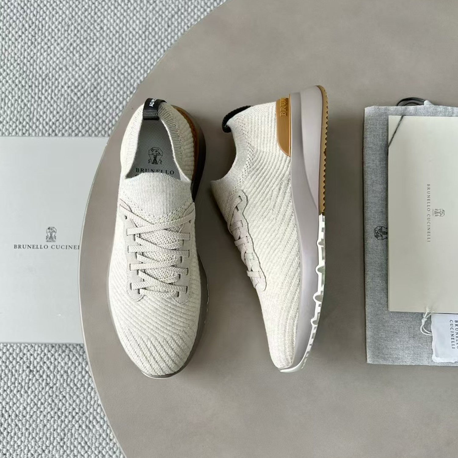 Brunello Cucinelli  Men's Spring Autumn Knitted Cotton Fabric Patchwork Semi-Polished Calfskin Sneakers Fashion Comfort Sports Running Shoes #81233