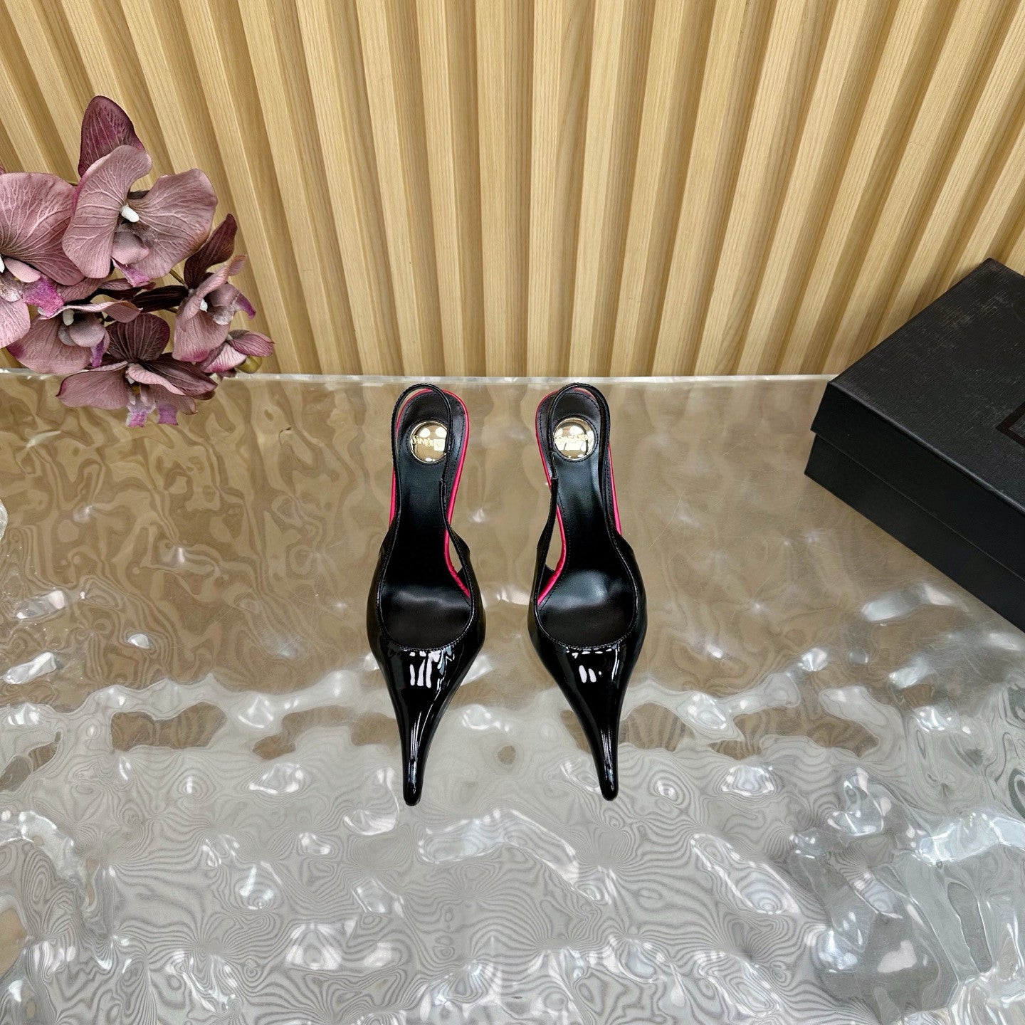 Saint Laurent AMALIA Women's Fashion Classic Pointed Toe Leather Patent Leather Open Toe Stiletto Heels Heel Height Approximately 10.5cm High Heels Shoes #78994