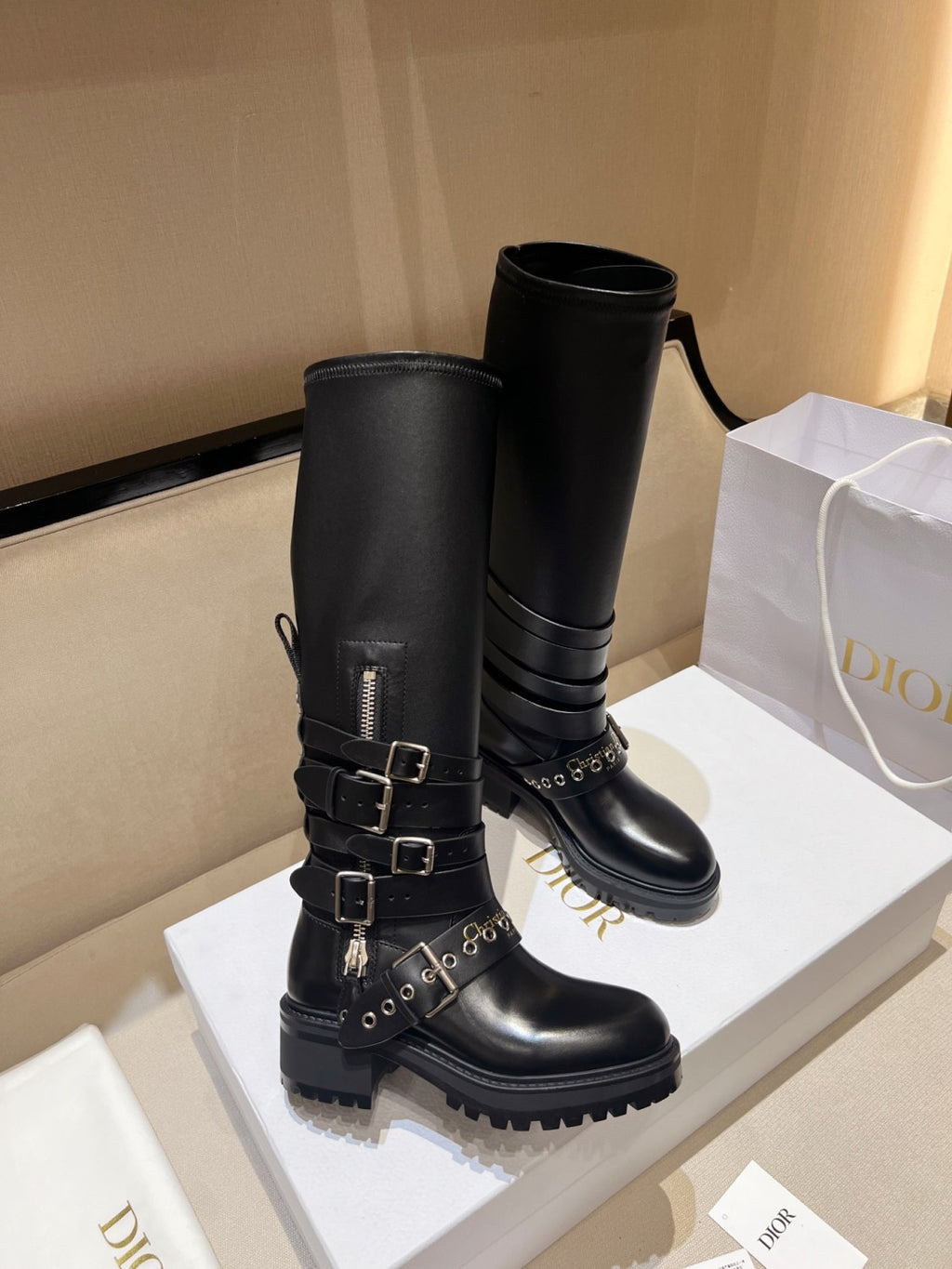 Dior D-Fight Women's Classic Trendy Round-Toe Zipper Chunky Heel Leather Knee-High Boots Shoes #78765