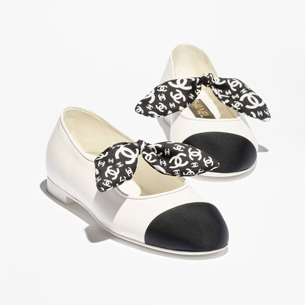 Chanel Mary Janes Lambskin Silk Grosgrain White Black #334248