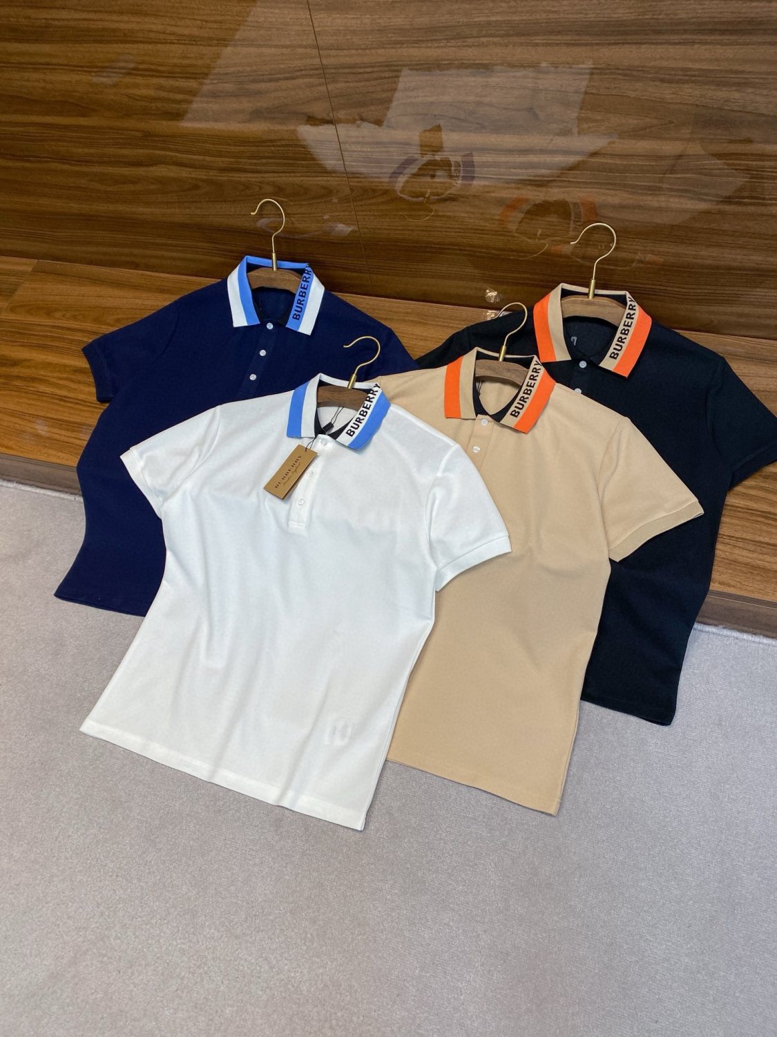 Burberry Men's Summer Solid Logo Colorblocking Lapel Cotton Straight Short Sleeve Polo Shirt #99963