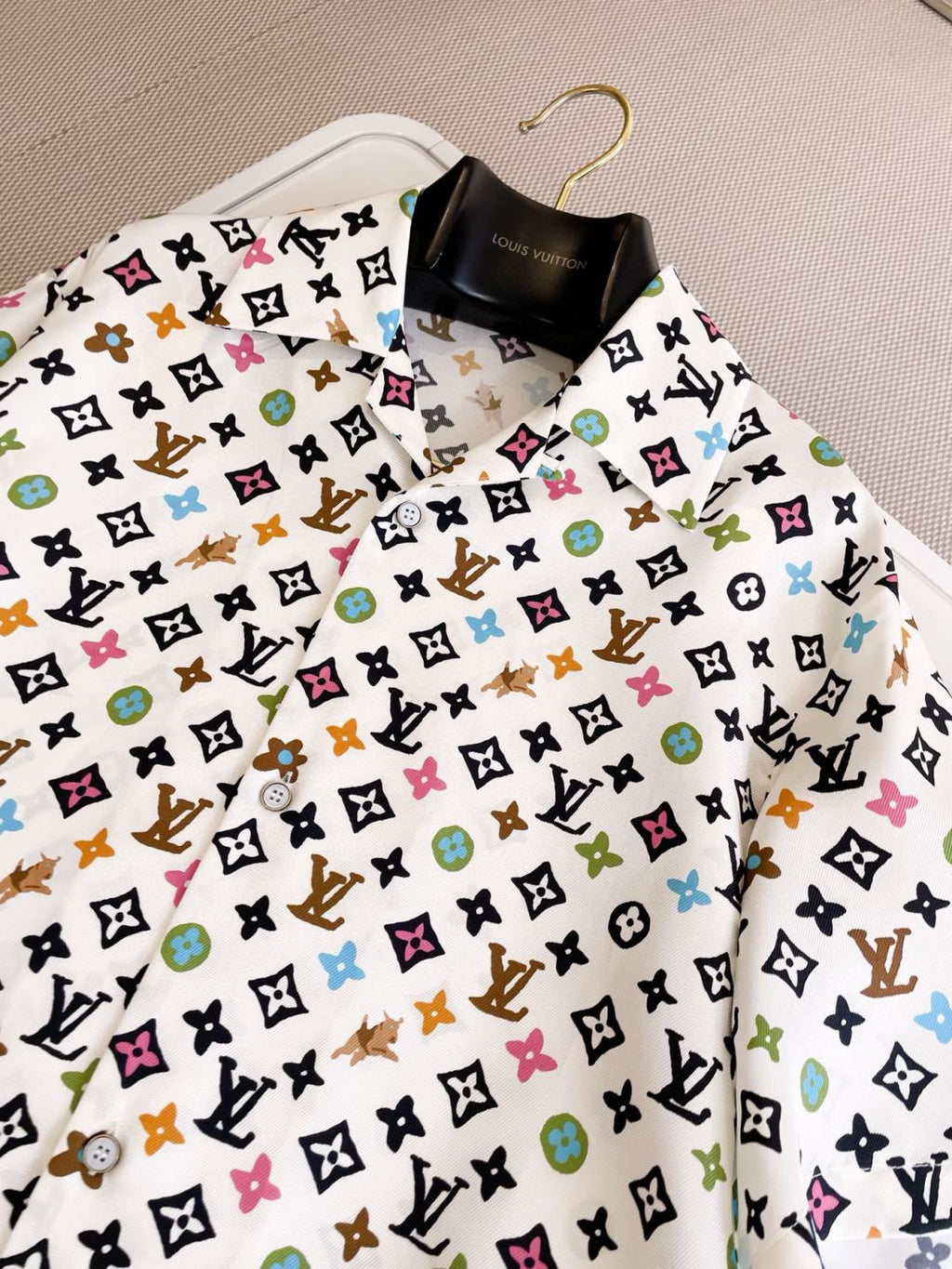 Louis Vuitton Men's Summer Logo Full Print Single Breasted Silk Short Sleeve Shirt #99595