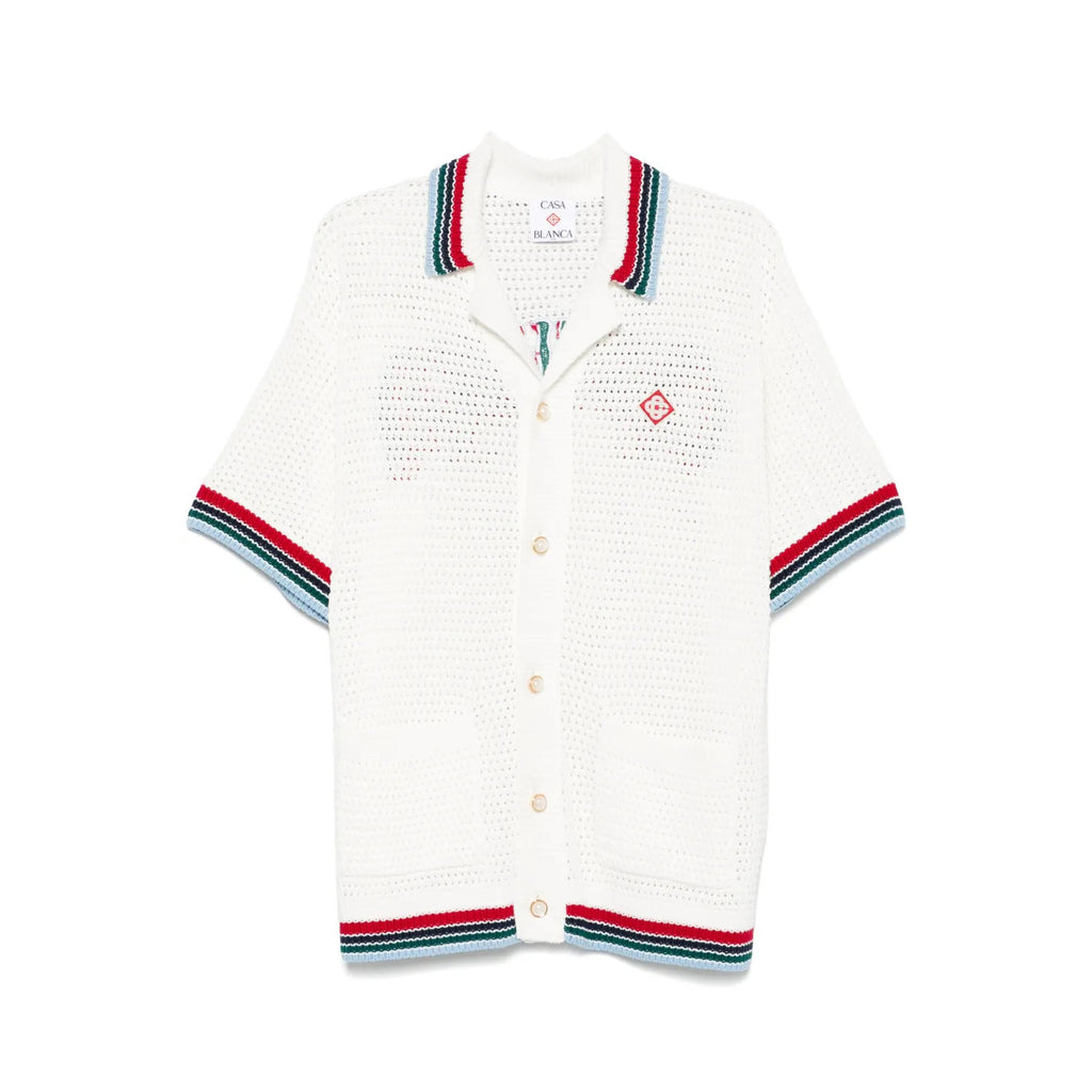 Casablanca Men's Summer Solid Color Skeleton Knit Breathable Single Breasted Short Sleeved Shirt Drawstring Tie Casual Knit Shorts Suit Set #76351