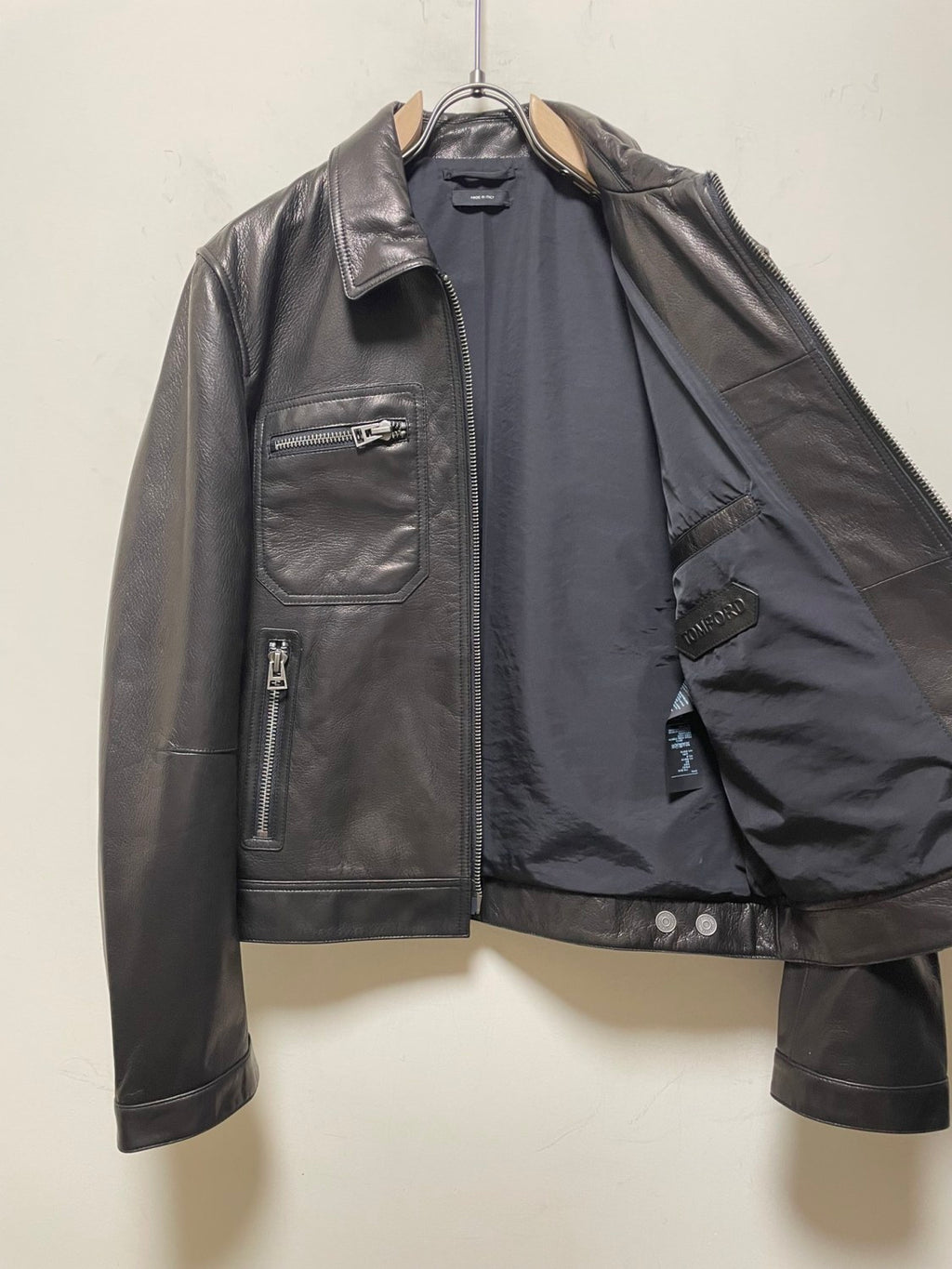 Tom Ford Men's Icon Leather Zip Blouson Winter Black Leather Zip Lapel Biker Jacket #97484