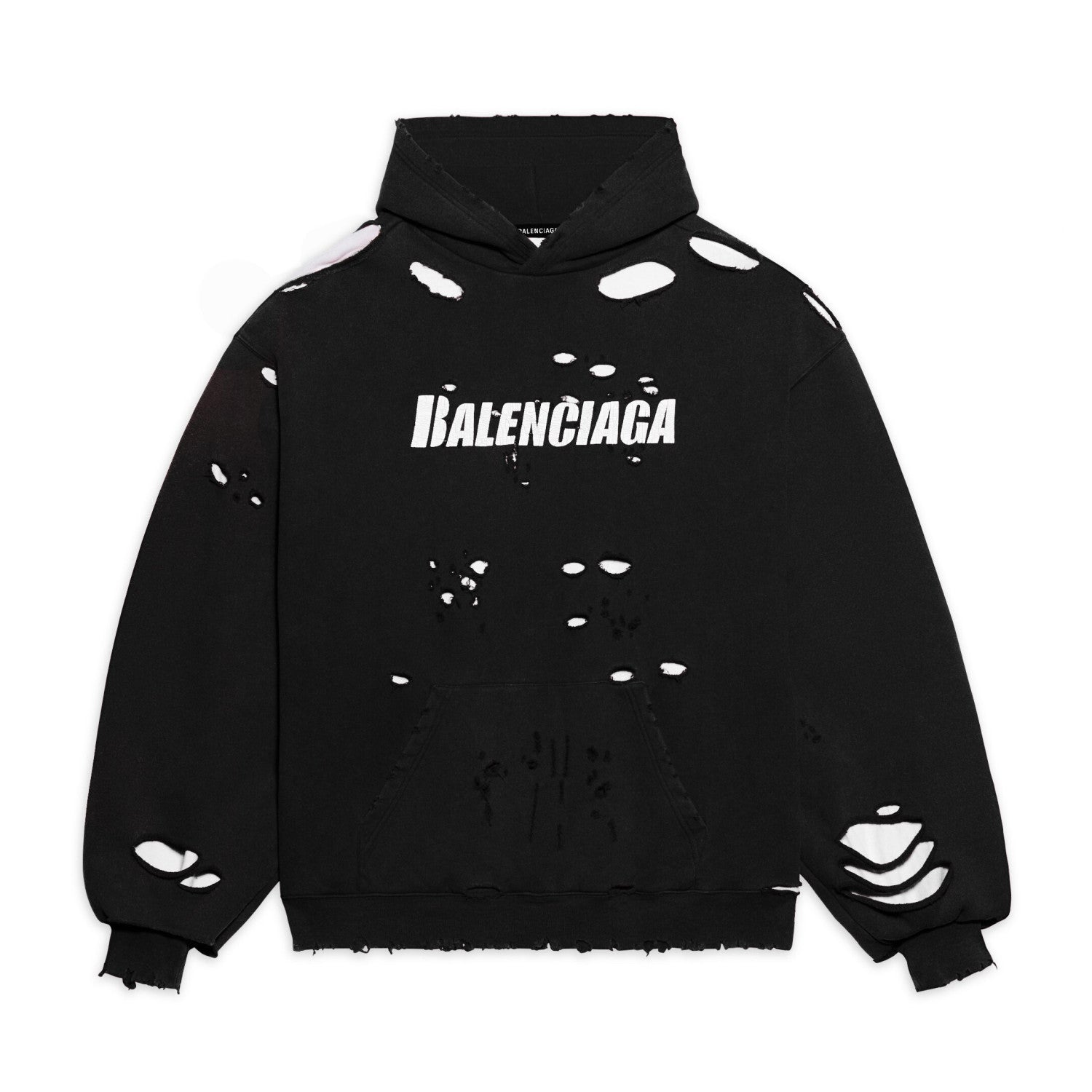 Balenciaga Men's Summer Black Letter Printed Torn Hooded Sweatshirt Pullover #97624