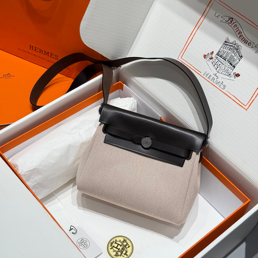 Hermes H -Mini Herbag Women's Color Blocking Metal Buckle Canvas and Cowhide Handbag Shoulder Satchel Bag Bags #76411