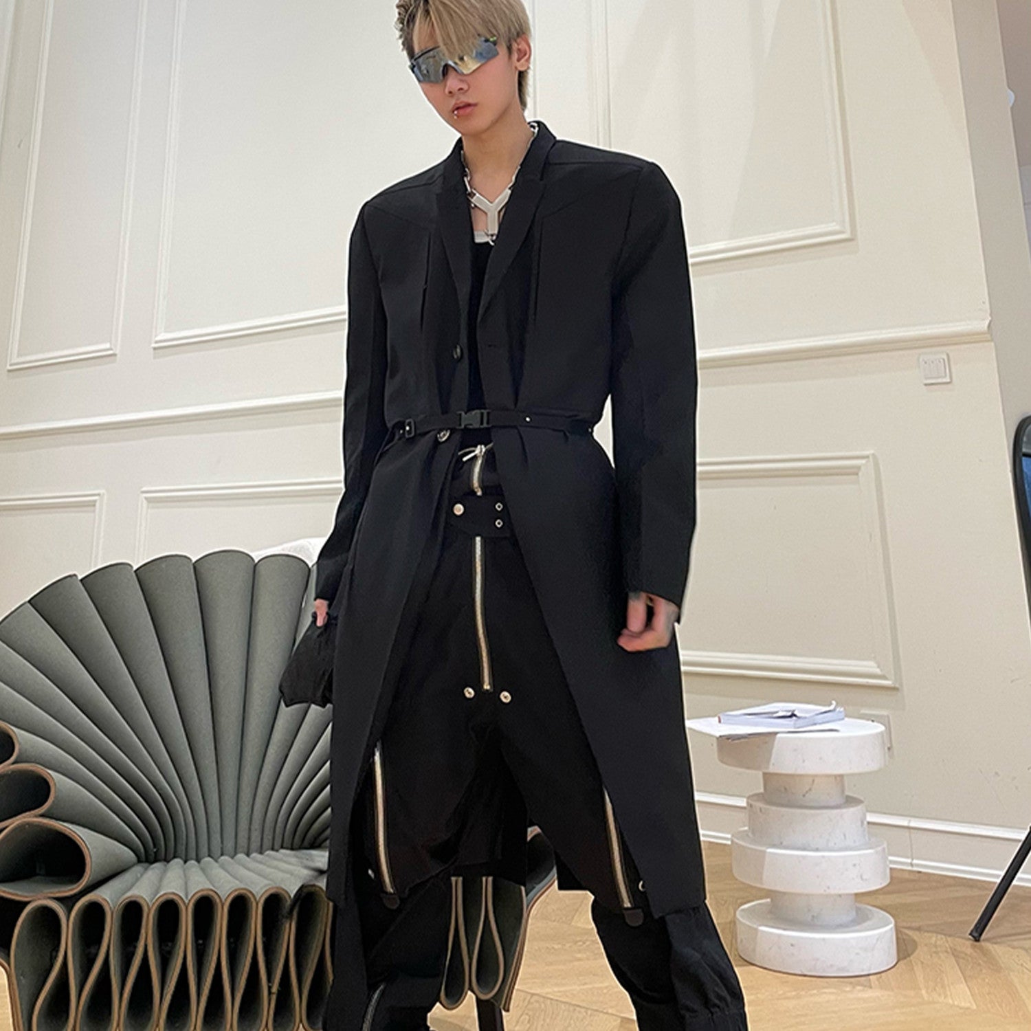 Rick Owens Black Padded Shoulder Long Suit Blazer Dark Style Trendy Handsome Casual Suit High Street Fashion Jacket  #71773