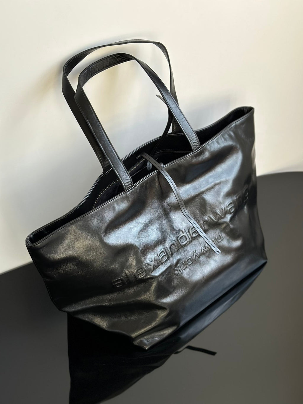Alexander Wang Women's Punch Tote Laptop Bag - Black Large Capacity Bag with Alphabet Logo Stylish Heat-Pressed Leather Bags #82354A