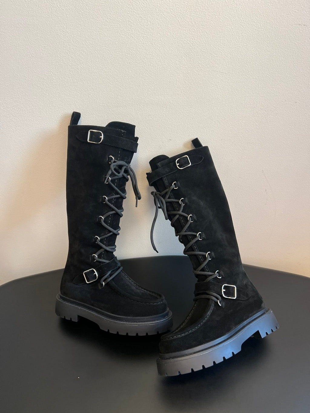 Hermes Women's Fall/Winter Cowhide Suede Lace-Up Knee-High Boots Solid-Color Buckle Casual Shoes Riding Boots Ngvp #2327