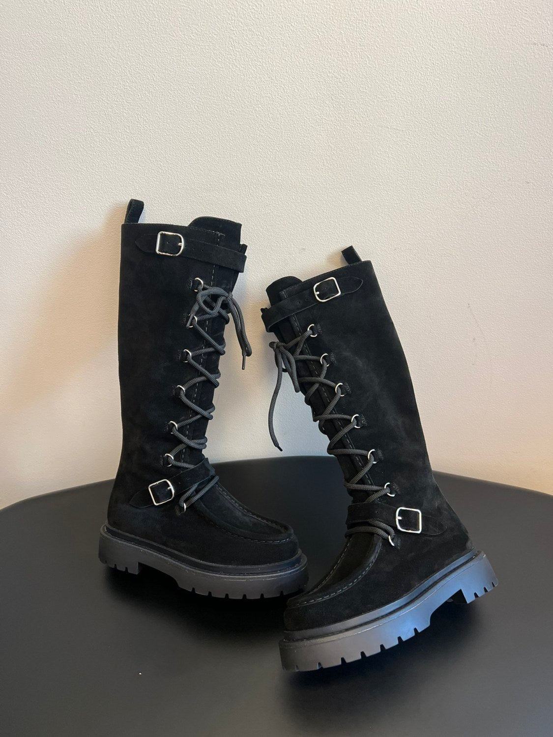 Hermes Women's Fall/Winter Cowhide Suede Lace-Up Knee-High Boots Solid-Color Buckle Casual Shoes Riding Boots Ngvp #2327