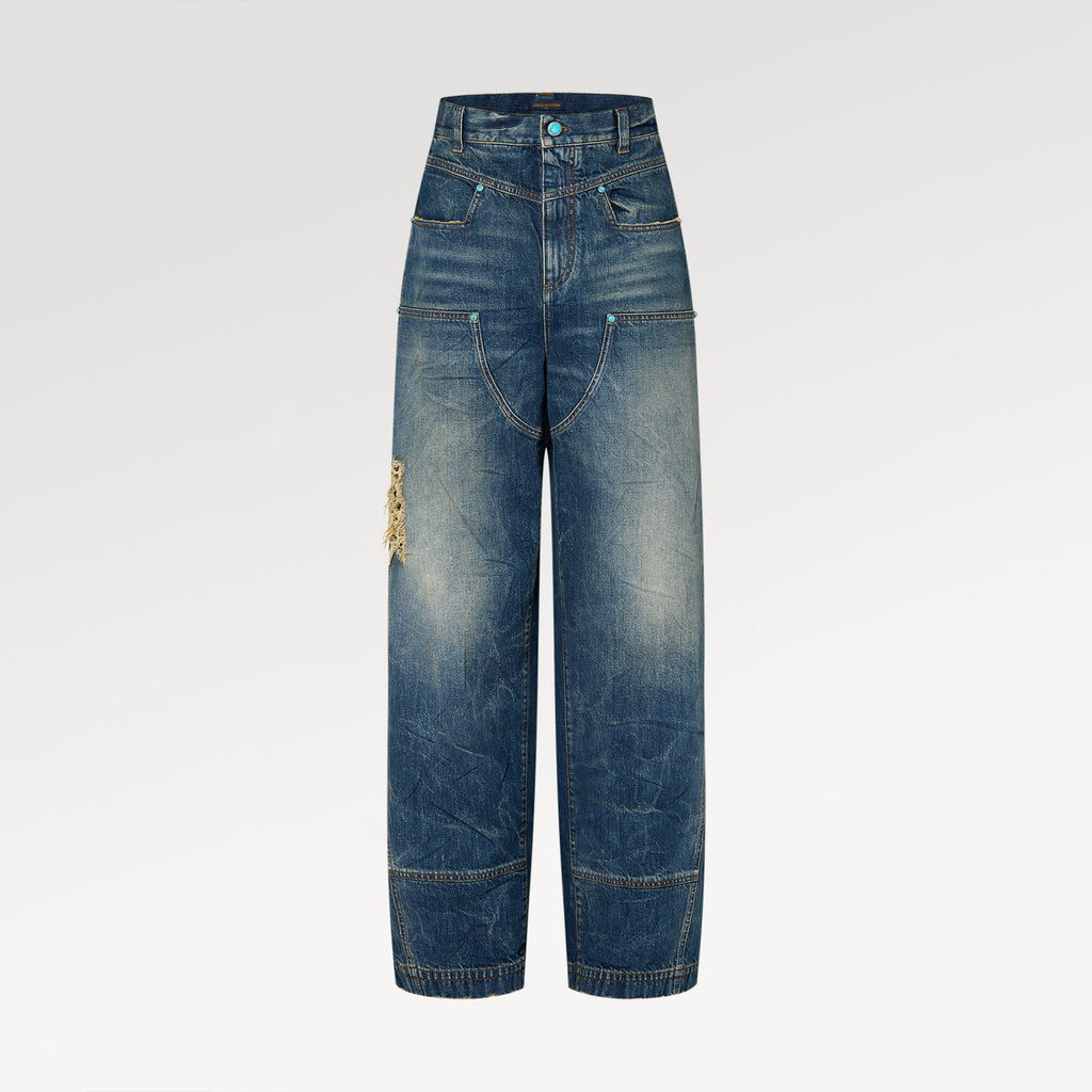 Louis Vuitton Men's Four Seasons Fashion Hole Retro High Street Old Washed Jeans Straight Wide Leg Pants  Ngvp #9131