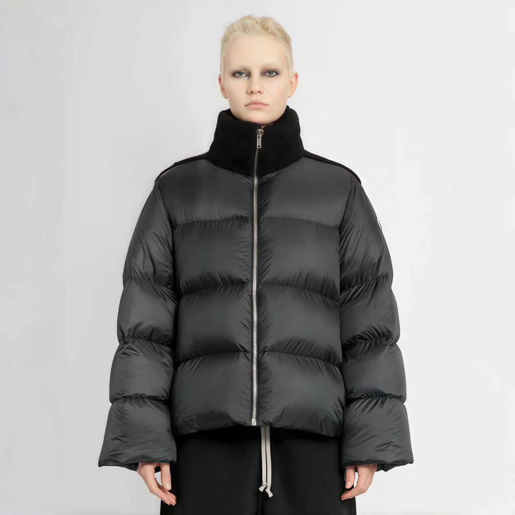Moncler x Rick Owens Men's And Women's Winter Black Glossy Fur Collar Zipper Long Sleeve Puffer Down Jacket #72459