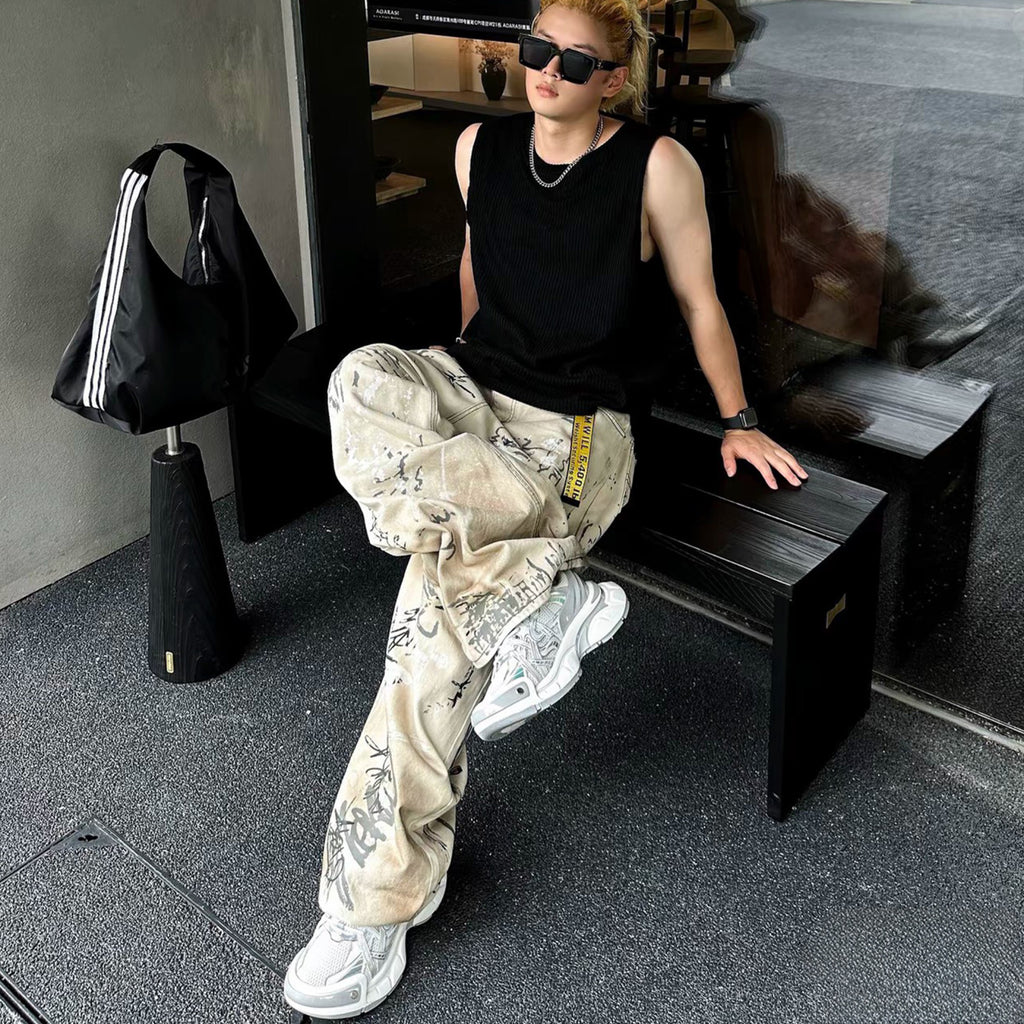Balenciaga Men's Spring And Autumn Graffiti Retro Old Workwear Pants White Baggy Jeans High Street Fashion Straight Casual Pants Ngvp #1184