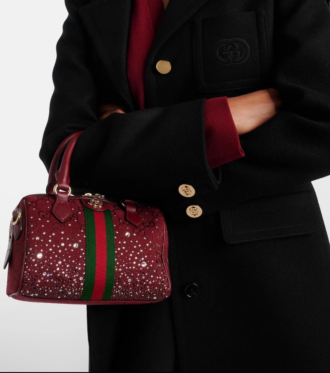 GUCCI Ophidia crystals small boston bag in Rosso Ancora red GG canvas #335872