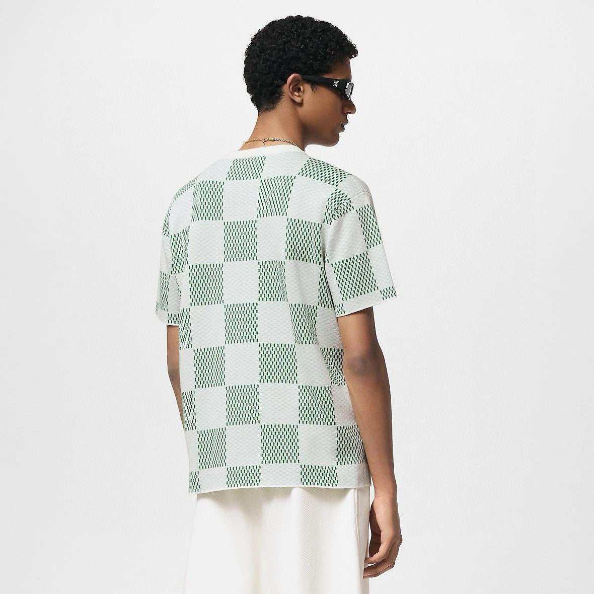 Louis Vuitton Men's Summer White Green Plaid Pattern Round Neck Cotton Short Sleeve T-Shirt #98739