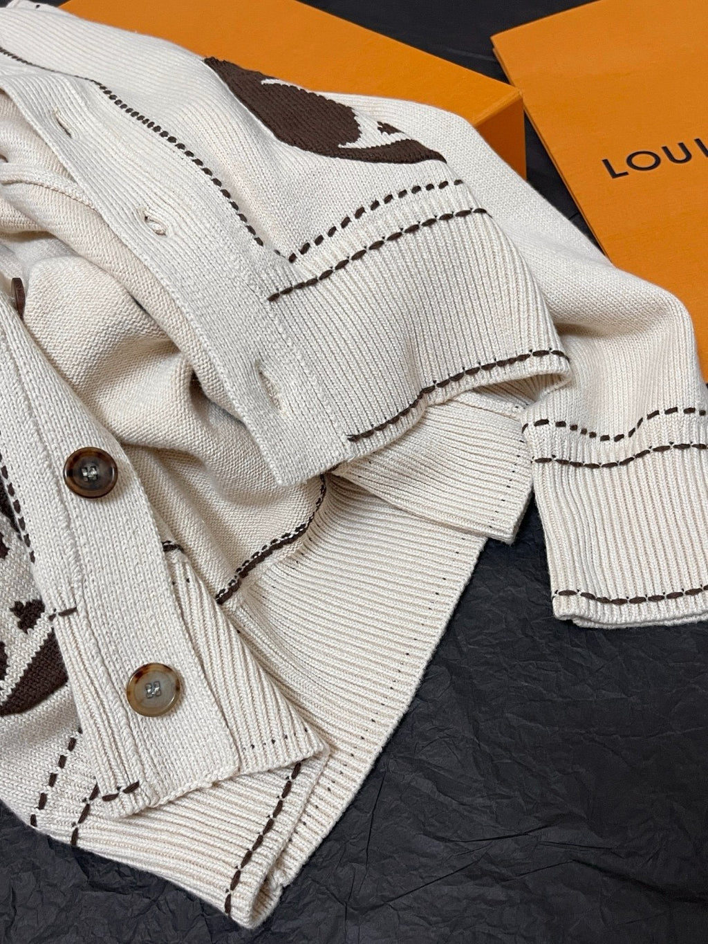 Louis Vuitton Men's Spring & Autumn Cream Logo Letter Applique Single Breasted V-Neck Long Sleeve Knit Shirt #72477