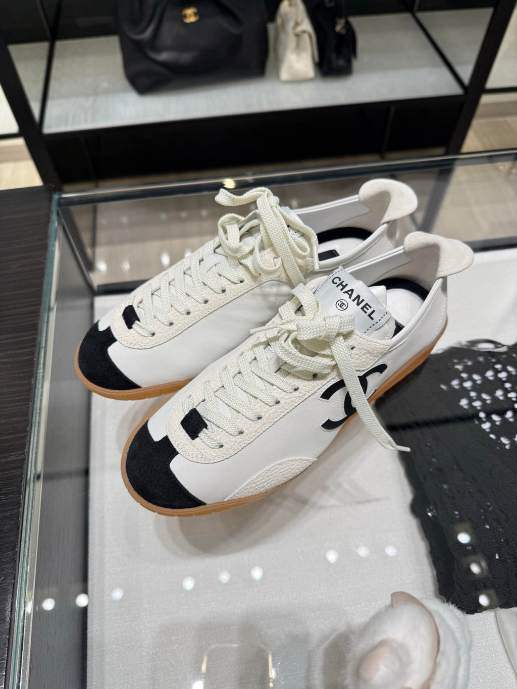 Chanel Sneakers Calfskin Embossed Suede Calfskin White Black #375474