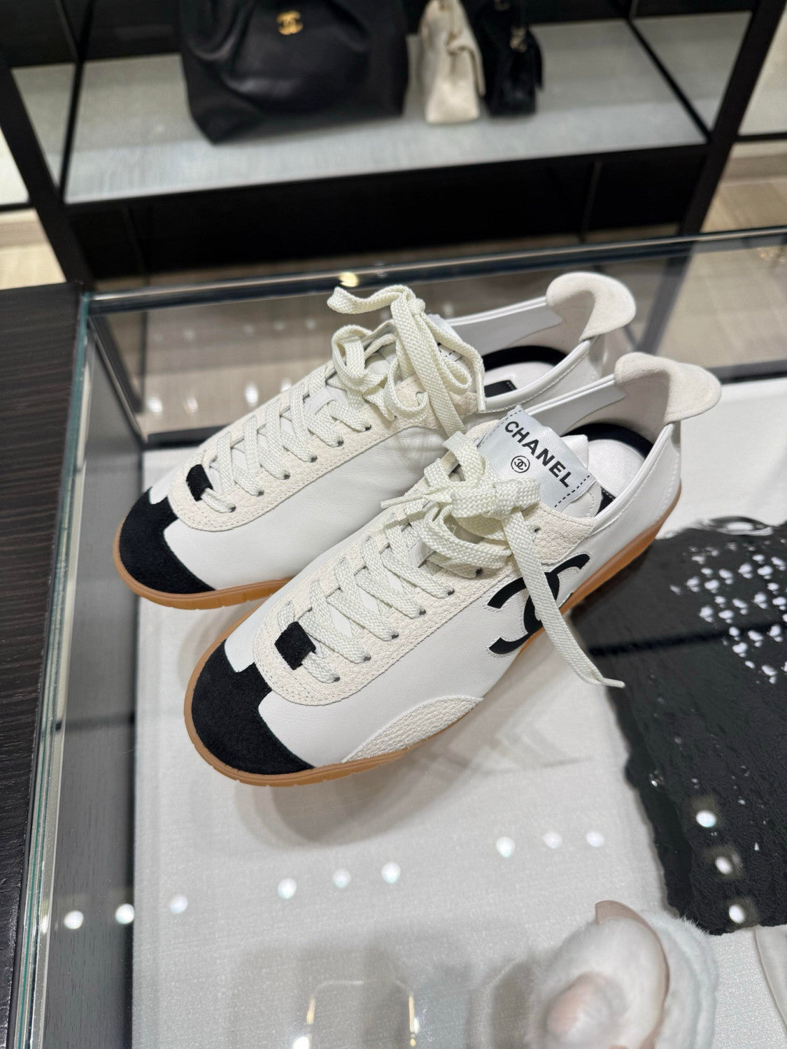 Chanel Sneakers Calfskin Embossed Suede Calfskin White Black #375474