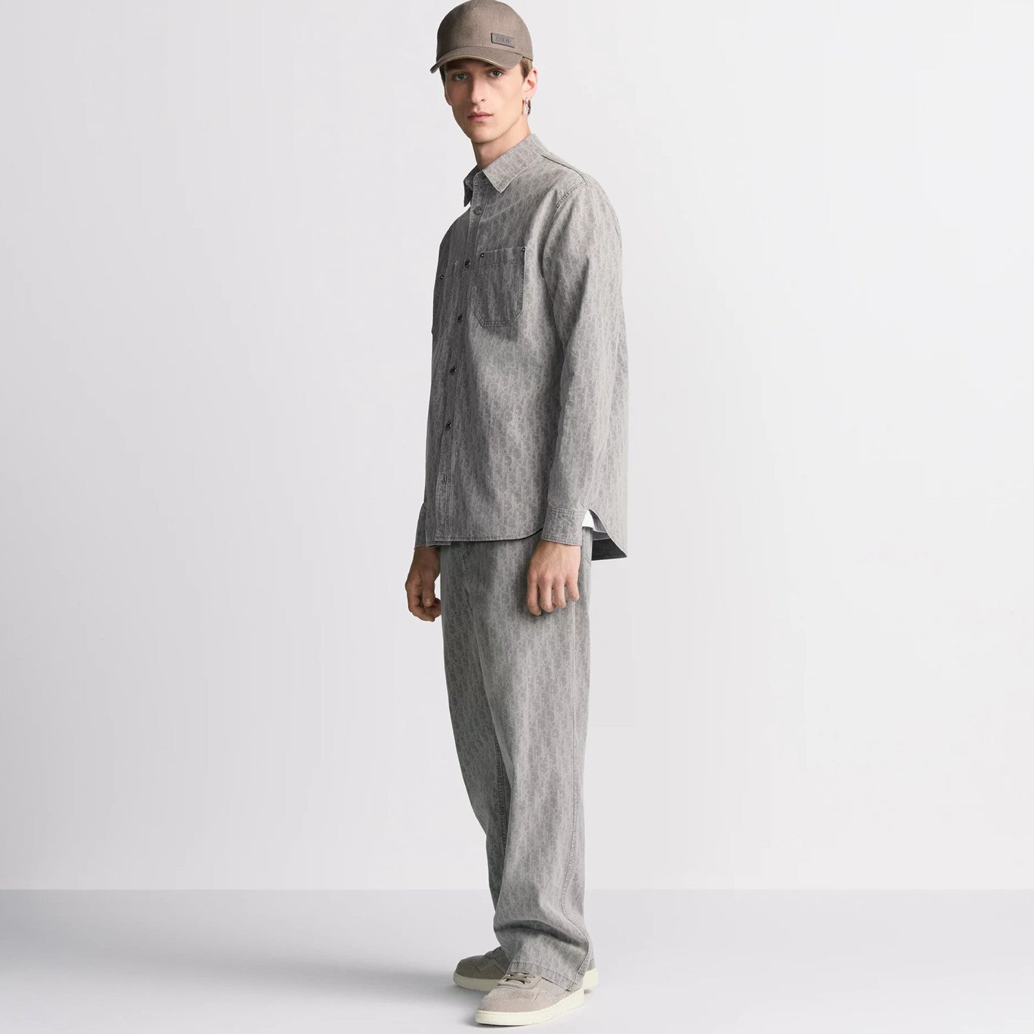 DIOR Men's Grey Cotton Denim Oblique Printed Shirt Blouse Spring Autumn Lapel Single Breasted Fashion Casual Jacket Shirt #71845