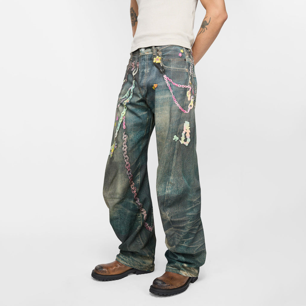 Acne Studios Men'S Women'S Four Seasons 3d Print Chain Print Loose Fit Jeans Fashion High Street Machete Pants Jeans  Ngvp #1343