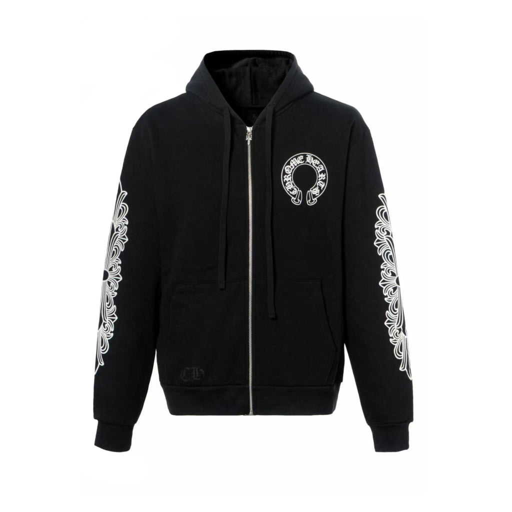 Chrome Hearts Men's and Women's Fall/Winter Fashion Casual Solid-Color Minimalist Sanskrit Letter Small Logo Print Hooded Zipper Sweatshirt Jacket #78517