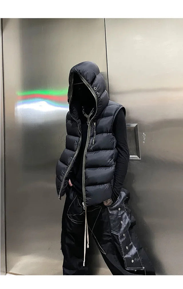 Rick Owens Men's Fall/Winter Dark Style Casual Solid-Color Full-Zip Hooded Quilted Down Vest Ngvp #2521