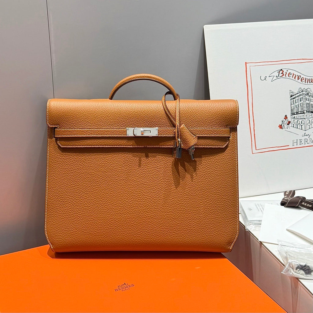 Hermes Men's and Women's Classic Solid Color Leather Business Bag with Silver Buckle  Handbag Laptop Case Bag Bags #78611