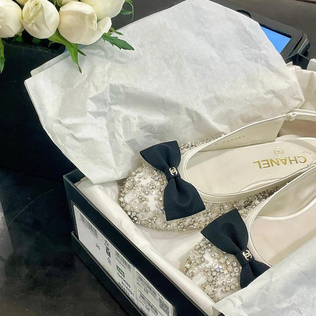 Chanel Women's Classic Fashion Spring Summer And Fall Bow Round Toe Diamond Mary Jane Shoes Slip-on Open Back Shoes #78228