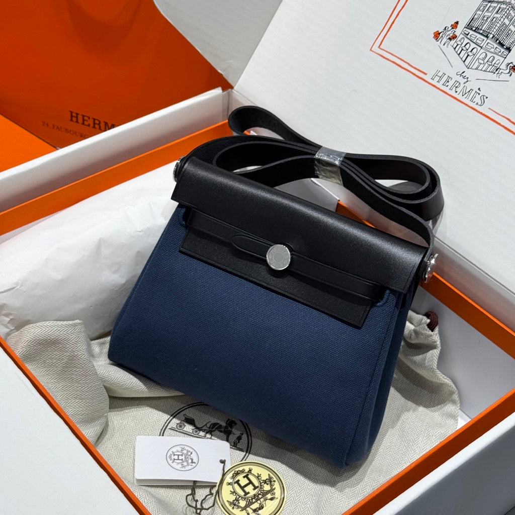 Hermes H -Mini Herbag Women's Color Blocking Metal Buckle Canvas and Cowhide Handbag Shoulder Satchel Bag Bags #76411