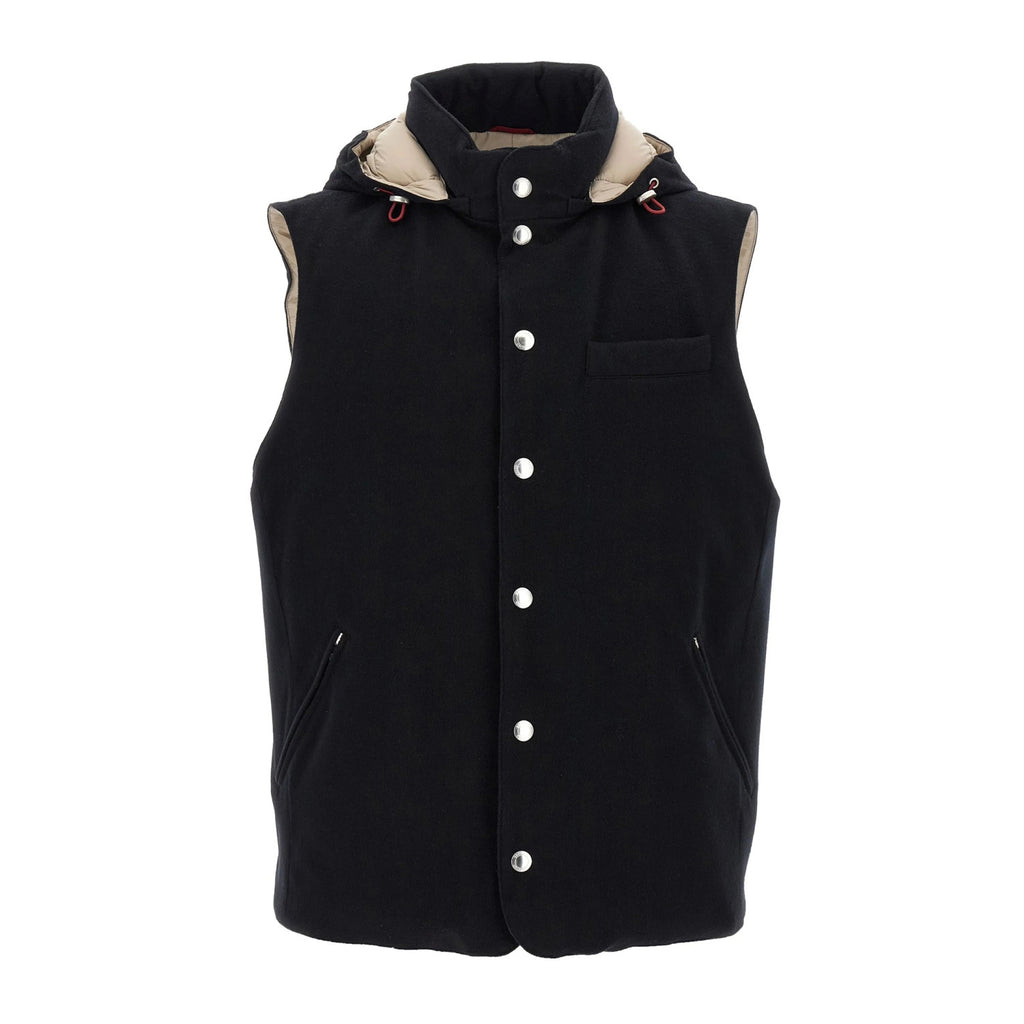 Brunello Cucinelli Men's Spring/Autumn Detachable Hooded Solid Color Single-Breasted Bonded Wool Flannel Down Vest Ngvp #2293