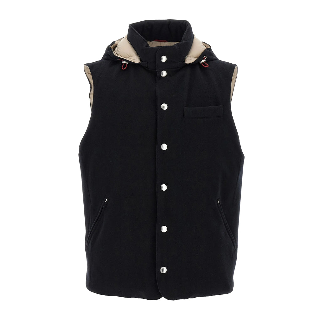 Brunello Cucinelli Men's Spring/Autumn Detachable Hooded Solid Color Single-Breasted Bonded Wool Flannel Down Vest Ngvp #2293