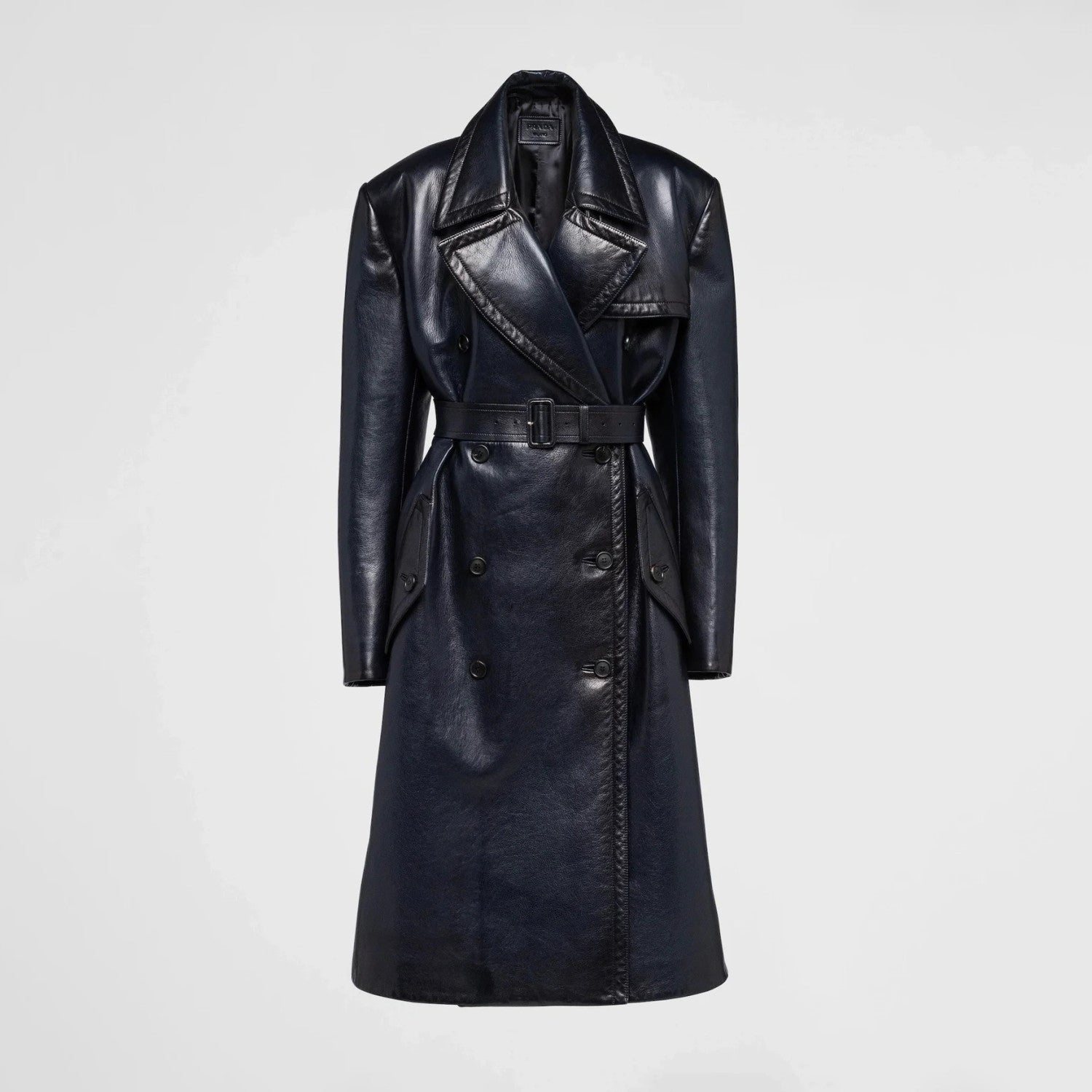 Prada Men's Winter Long Leather Belted Tie Coat Jacket #96928