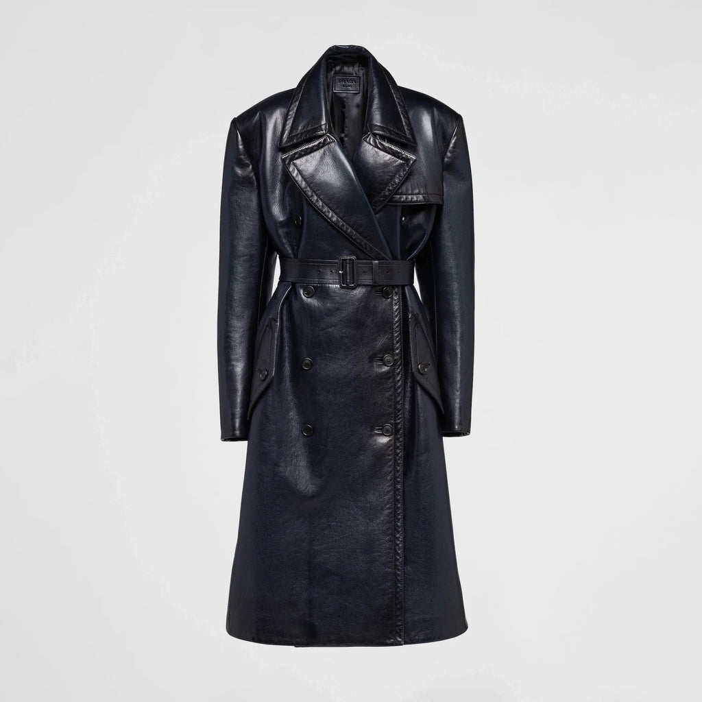 Prada Men's Winter Long Leather Belted Tie Coat Jacket #96928