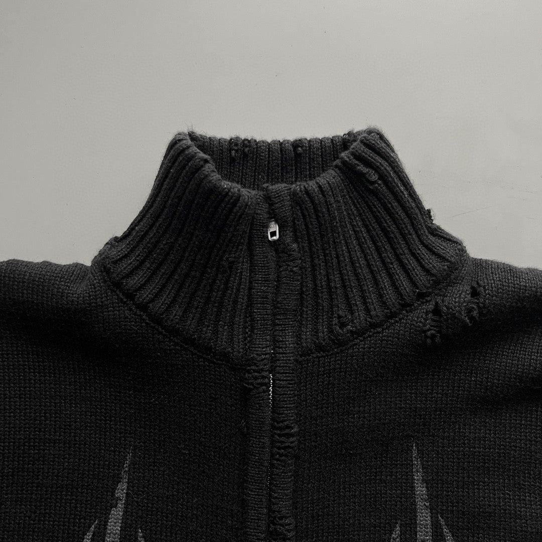 Balenciaga Men's Spring And Autumn Y2K Old High Neck Zipper Pattern Printed Black Long Sleeve Loose Knit Cardigan Jacket Ngvp #9479