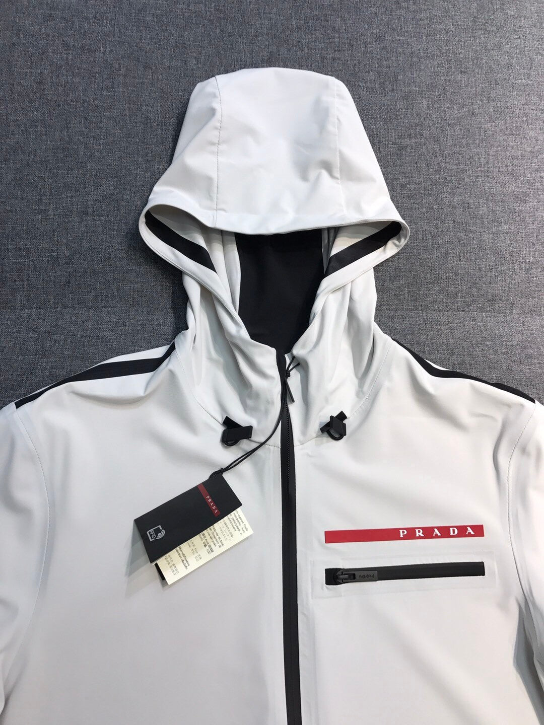 Prada Men's Summer Solid Colour Lightweight Hooded Zip Short Sleeve Sports Jacket Casual Lace Up Shorts Suit Set #76941