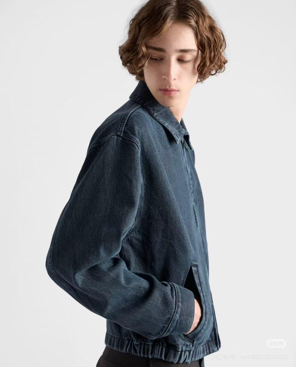 PRADA Men's Obsidian Denim Bomber Jacket Shirt-collar Zip-up Logo Long-sleeve Denim Jacket #332258