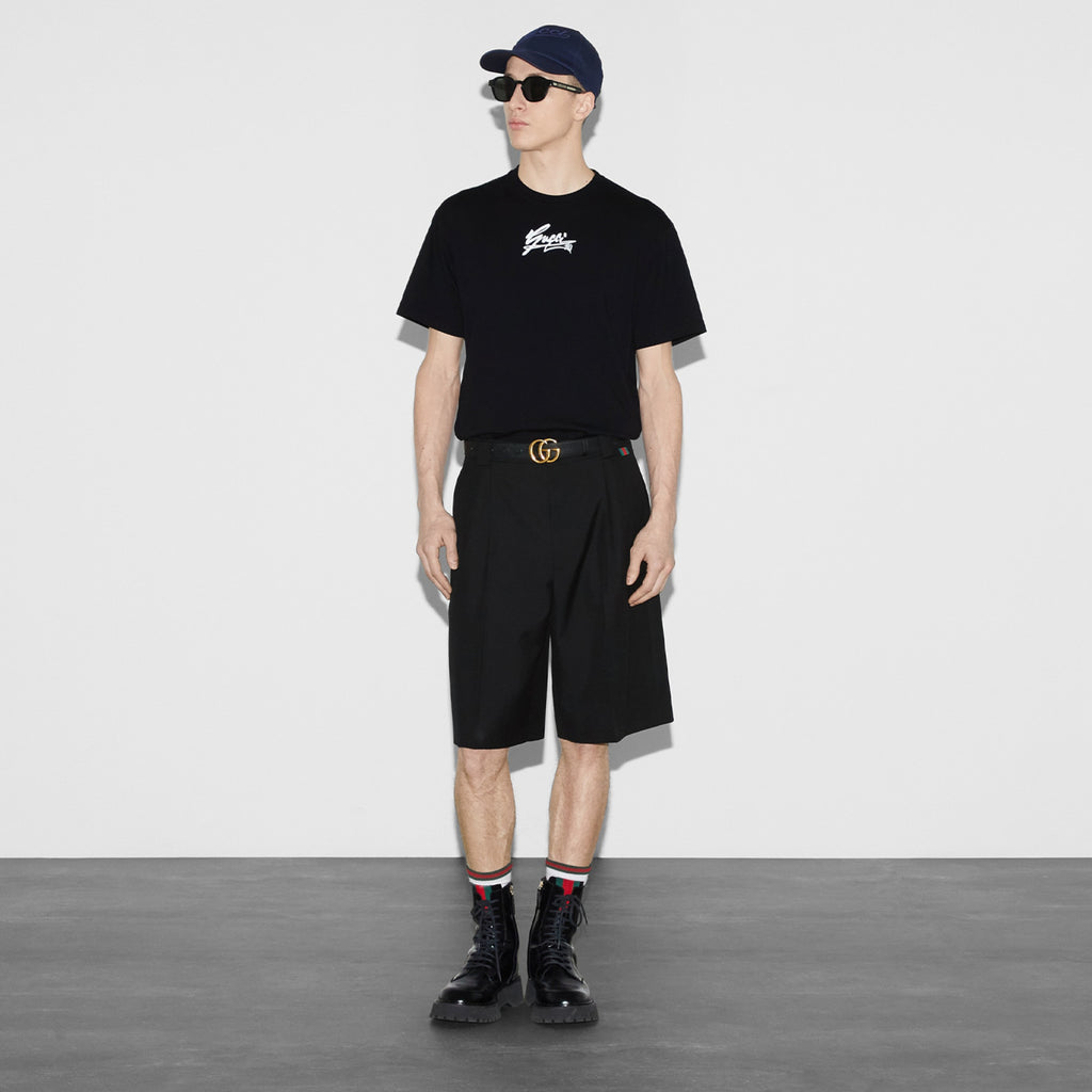 Gucci Men's Spring And Summer All Black Letters Printed Knitted Cotton T-shirt Retro Fashion Loose Short-sleeved T-shirt #71485