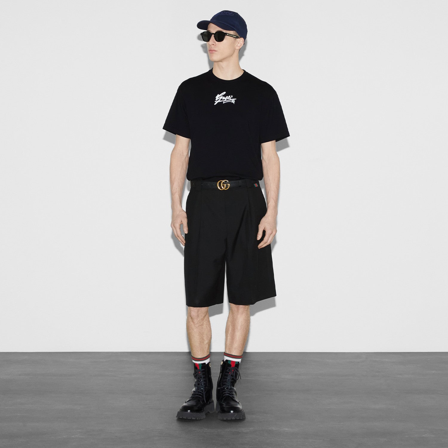 Gucci Men's Spring And Summer All Black Letters Printed Knitted Cotton T-shirt Retro Fashion Loose Short-sleeved T-shirt #71485