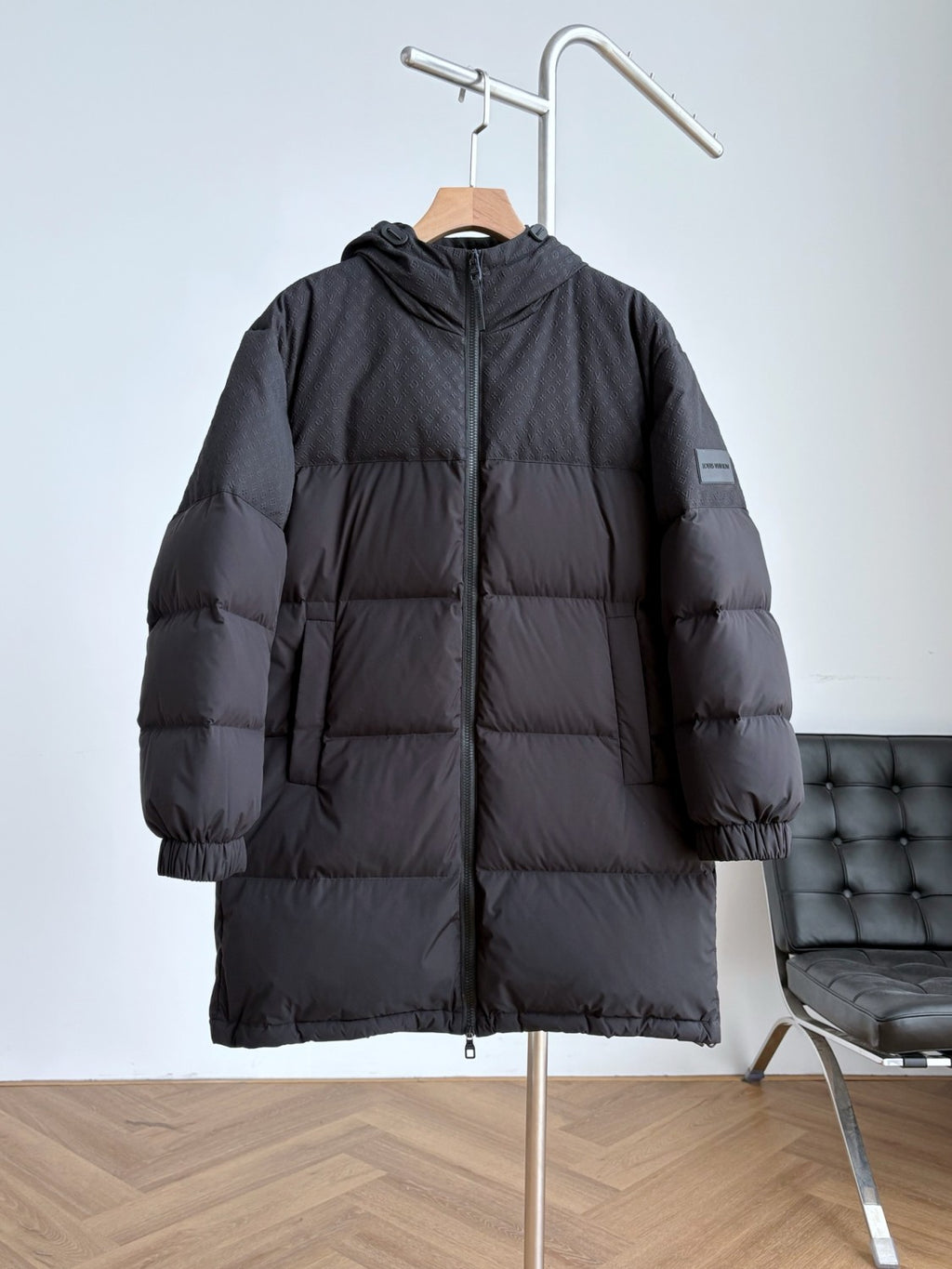 Louis Vuitton Men's and Women's Embossed Patchwork Mid Length Down Jacket #333370