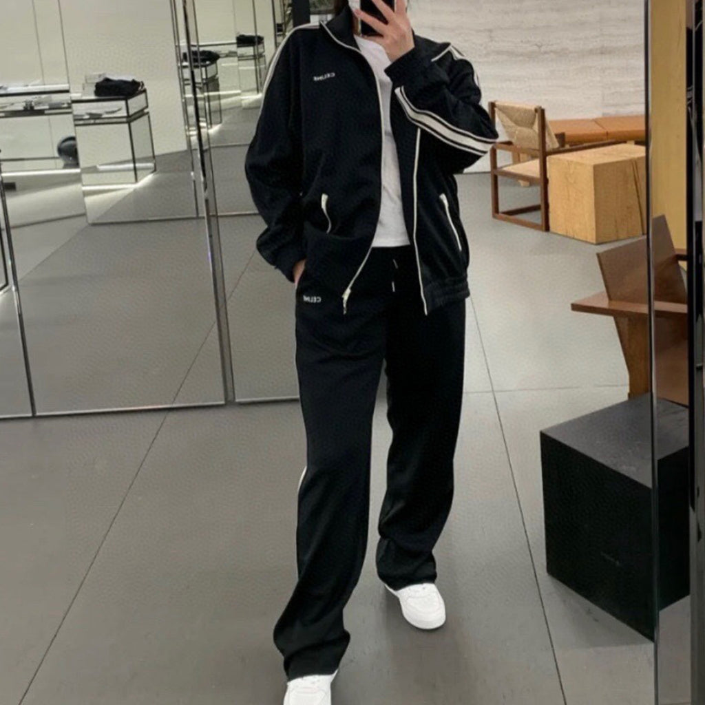 Celine Women's And Men's Spring/summer New Product Logo Sports And Casual Set Striped Letter Black Casual Loose Jacket Long Wide Leg Casual Pants #99577