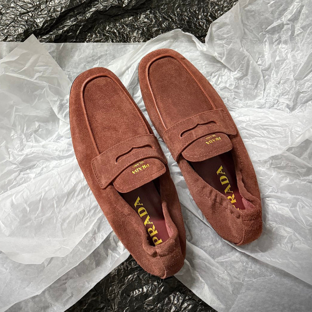 Prada Women's Solid Color Round Toe Slip-On Shiny Oiled Leather and Suede Casual Loafers Shoes #77758