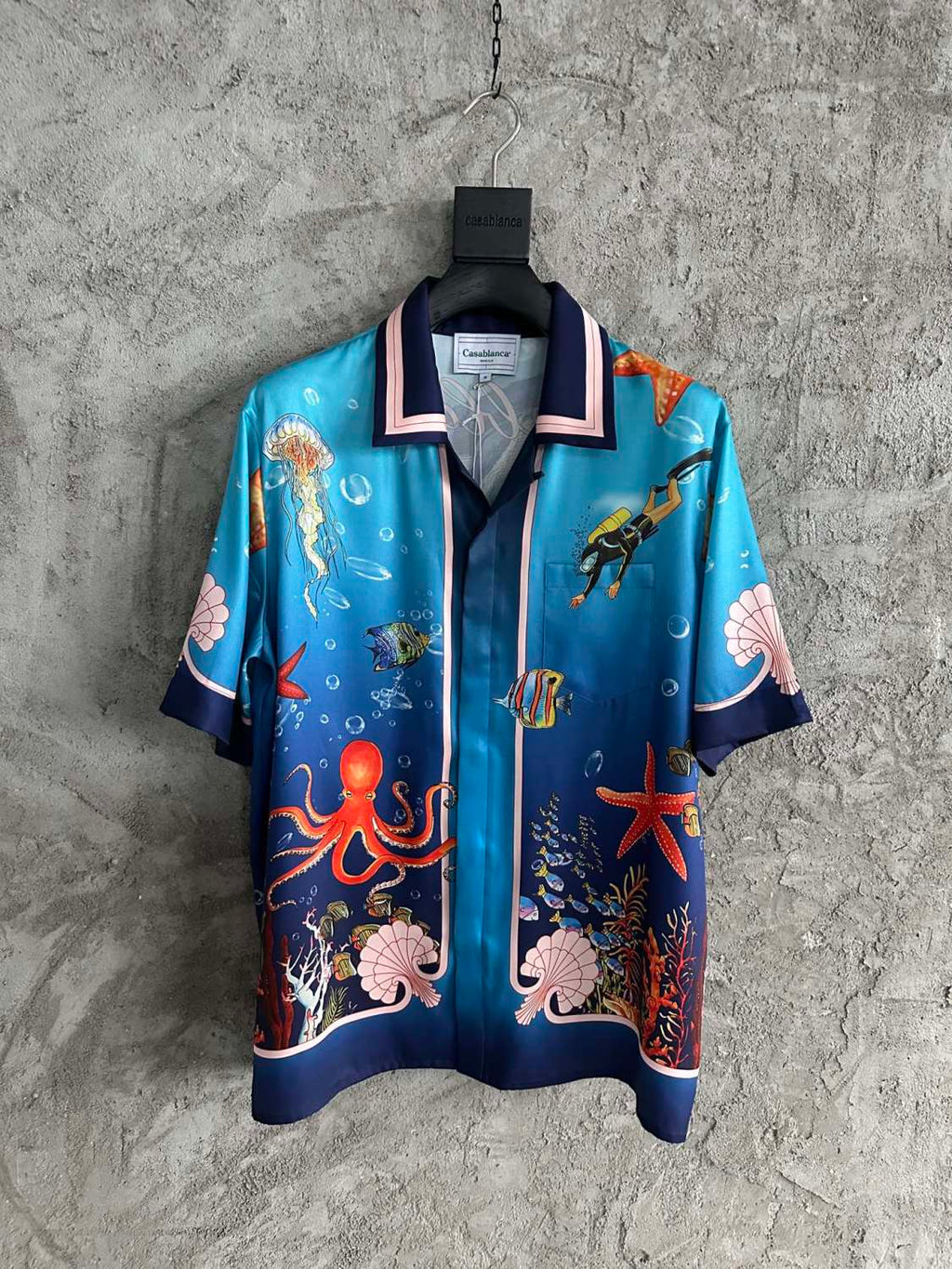 Casablanca Men's Summer Underwater World Pattern Printed Single Breasted Short Sleeve Shirt Casual Lace Up Shorts Set Suit #77126