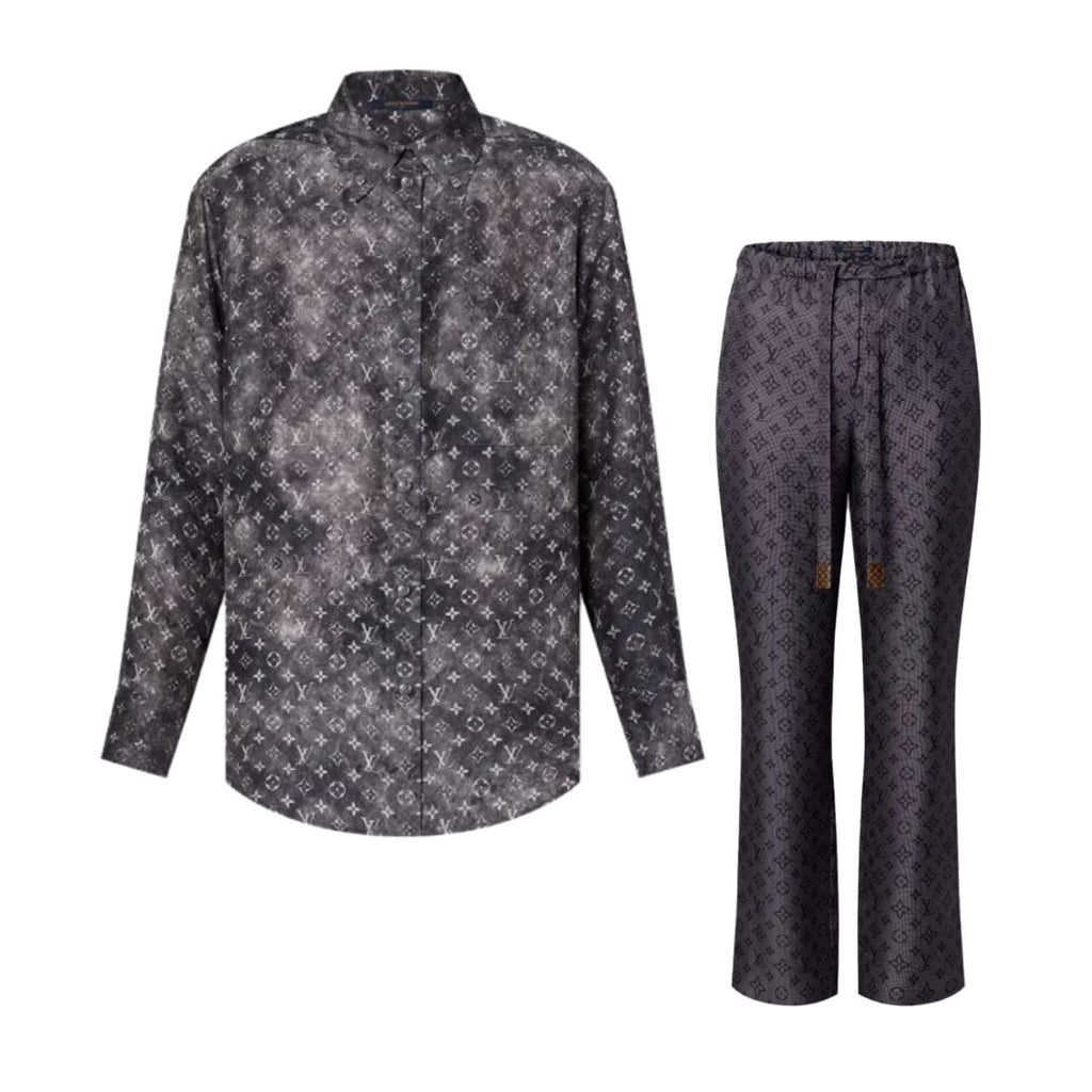 Louis Vuitton Women's Summer Letter Printed Single Breasted Long Sleeve Shirt Lace Up Casual Pants Set Suit #75558