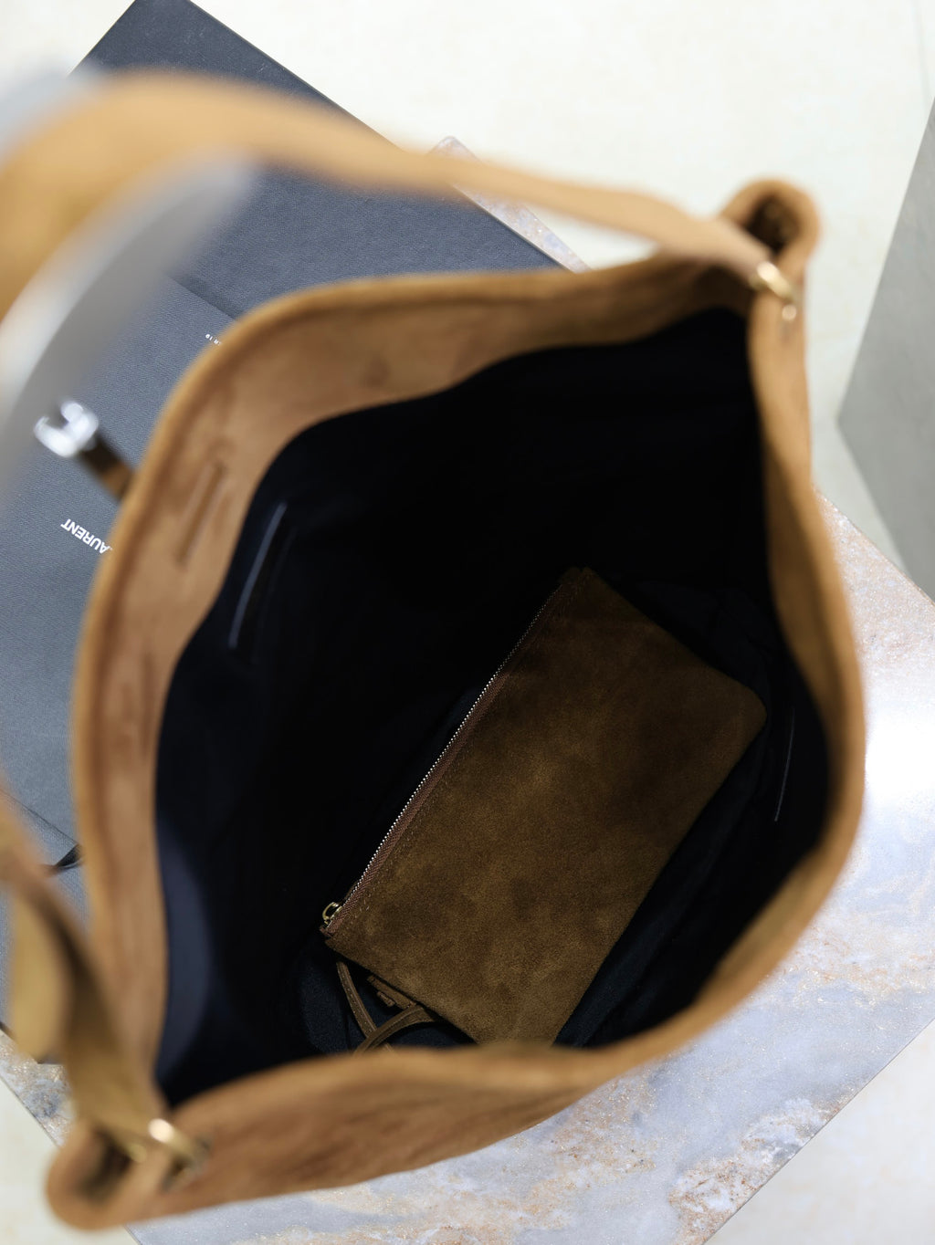 Saint Laurent NIKI Supple Bucket in Suede in Brown #337074