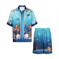 Casablanca Men's Summer Underwater World Pattern Printed Single Breasted Short Sleeve Shirt Casual Lace Up Shorts Set Suit #77126