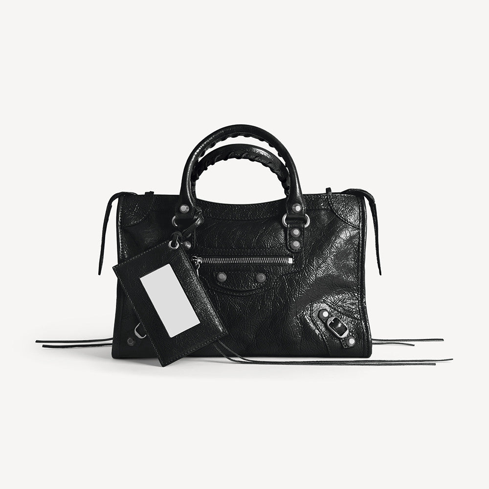 Balenciaga Le City Medium And Small Handbags Silver And Black Accents Imported Lambskin Biker Bag Riveted Tote Crossbody Bags #84168A