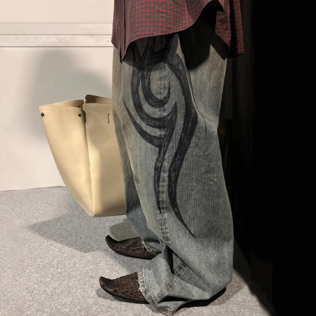 Balenciaga Men's Spring And Fall Fashion Retro Graffiti Washed Fashion Trend Jeans Straight Wide-leg Pants Ngvp #9124