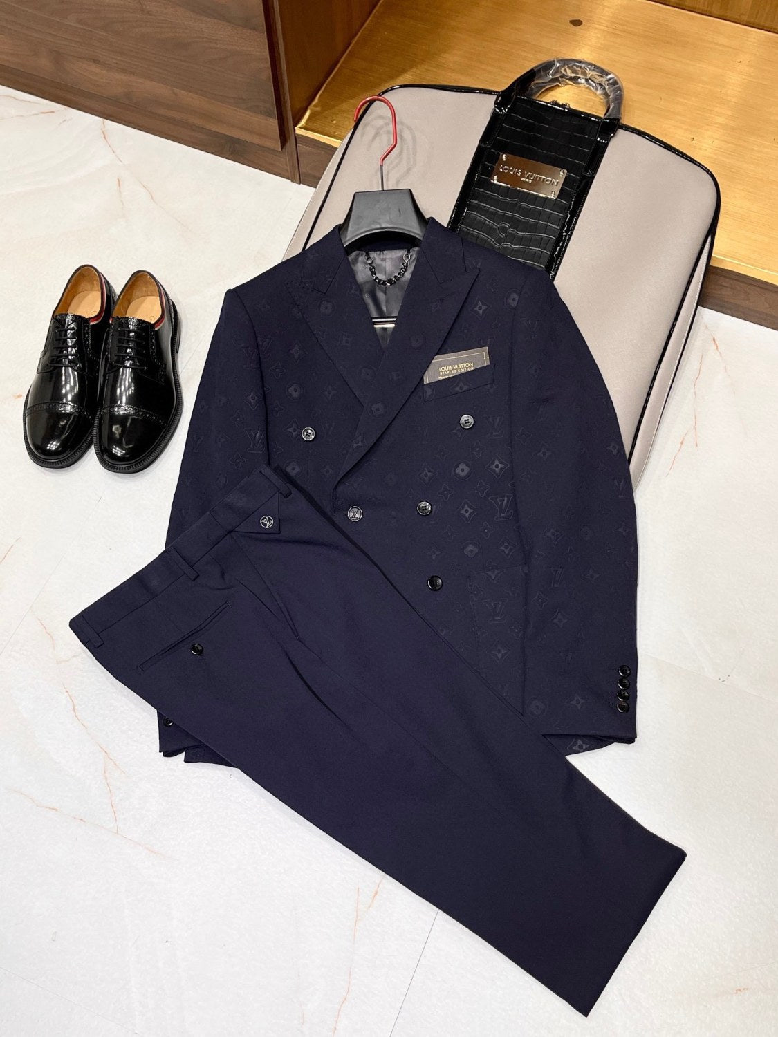 Louis Vuitton Men's Spring And Fall Solid Color Letters Dark Print Double Breasted Long Sleeved Suit Jacket Pants Suit Set #72912