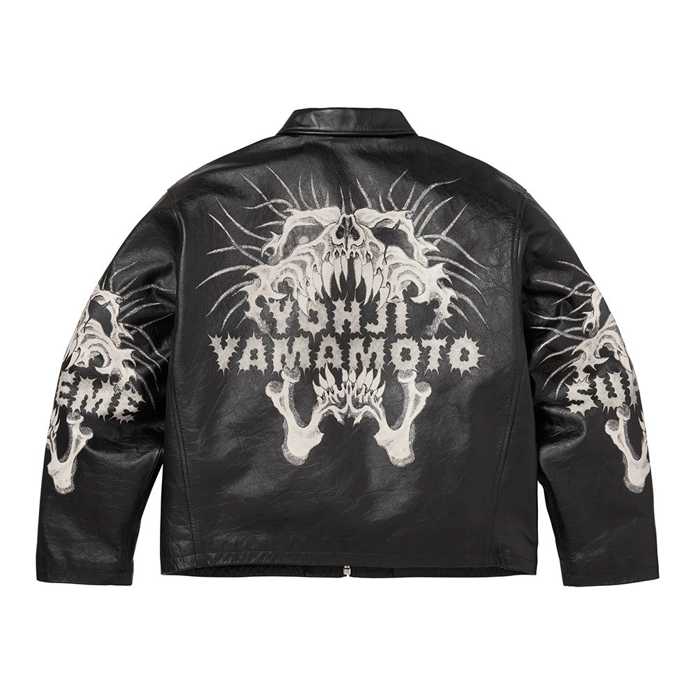 Supreme x Y's by Yohji Yamamoto Men's and Women's FW25 WEEK3 Leather Fitted Casual Jacket With Printed Sleeves And Zip Closure #332325