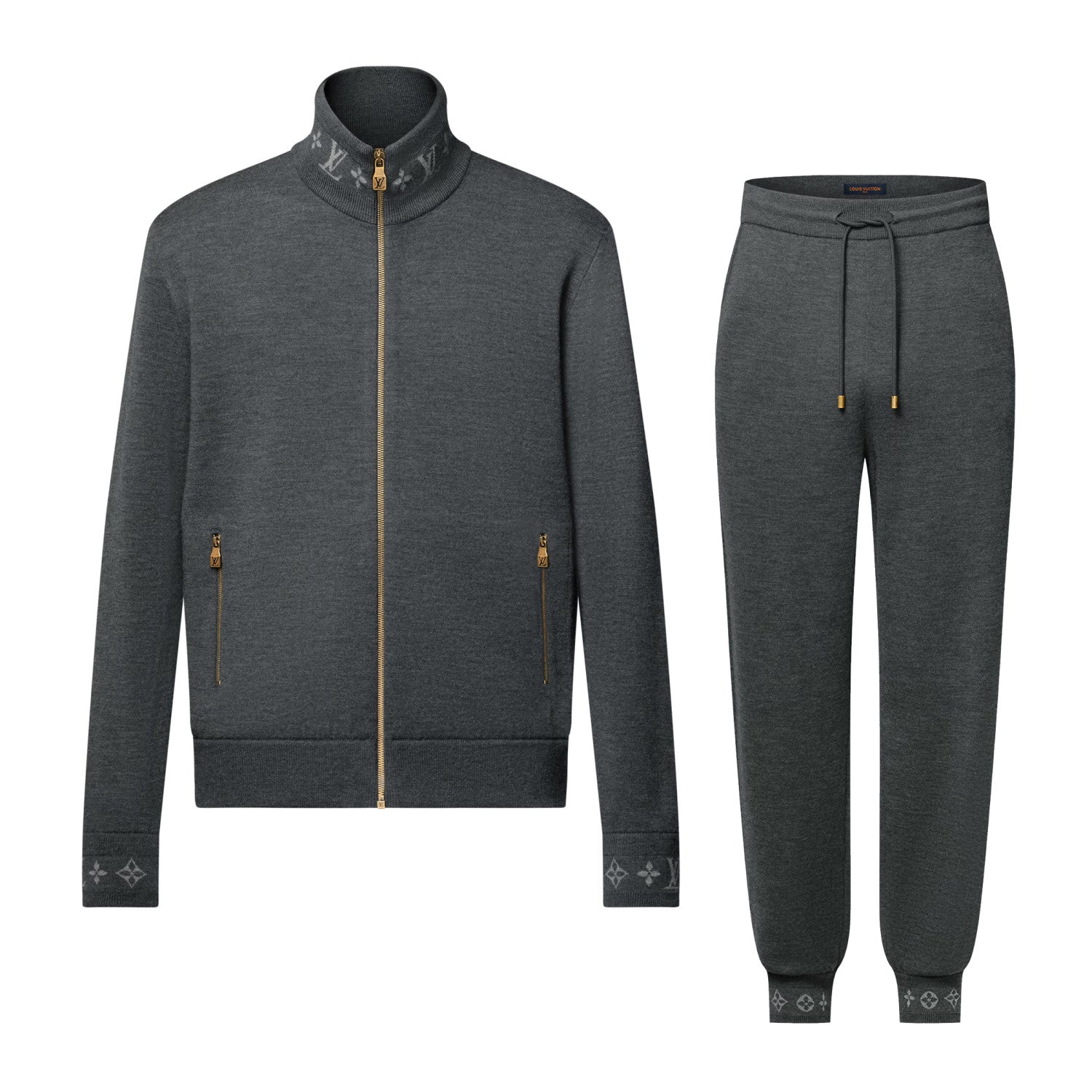 Louis Vuitton Men's Spring Solid Color Printed Zipper Stand Collar Long Sleeve Jacket Drawstring Casual Pants Set Suit #75237